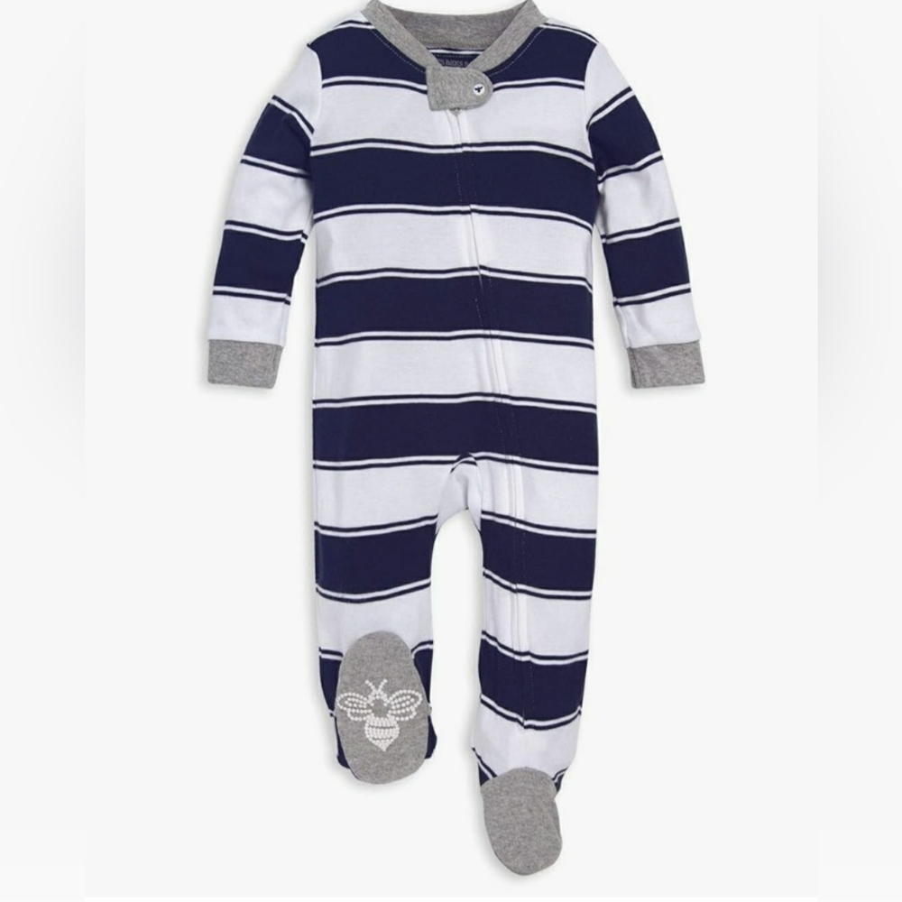 Burt's Bees Navy White Striped Pajamas Footie Cotton Organic One-Piece Footed